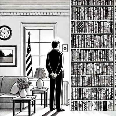 A man standing in front of a bookshelf