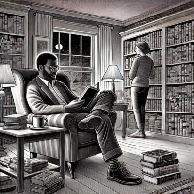 A man reading in his library while his wife looks out the window.