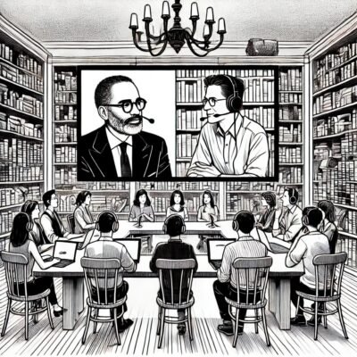People sit around a table in a library watching an interview take place on a screen between Junot Díaz and Eddy Hood.