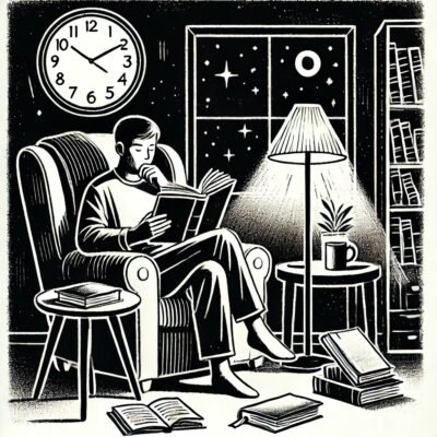 A man sitting in a reading chair, reading a book late at night.