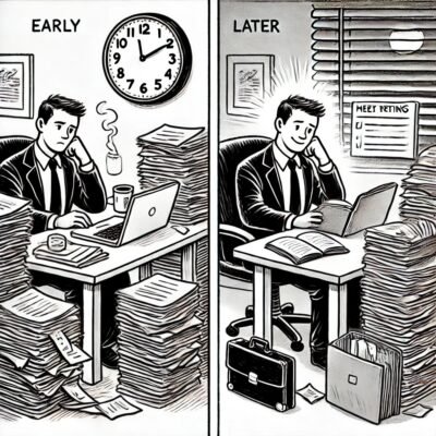 A man sitting at a desk overworked vs a man reading a book and happy.