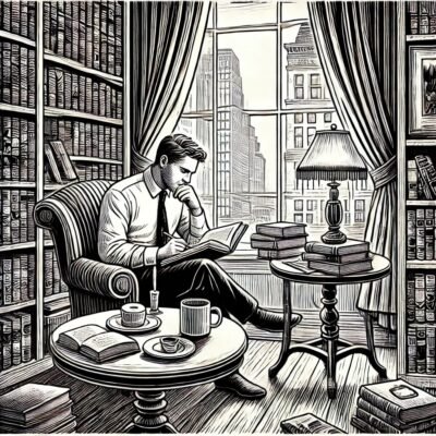 A man sitting in his home library studying books.