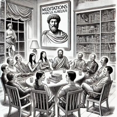 A book club reading Meditations by Marcus Aurelius