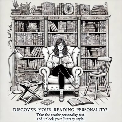 A woman sitting on a char taking a reader personality test