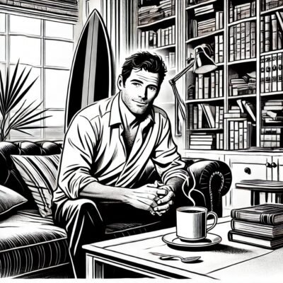 A man sitting in a library with a surf board in the corner and a cup of coffee on the table.