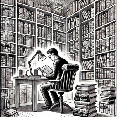 A man reading books in a library