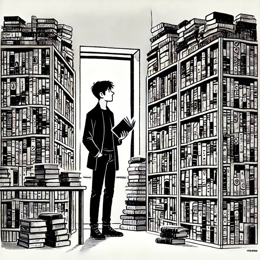 A guy standing by a wall of books.