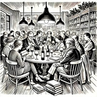 A group of people in a restaurant, talking about books and drinking wine.