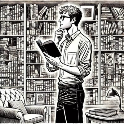 A man reading a book in a library and thinking