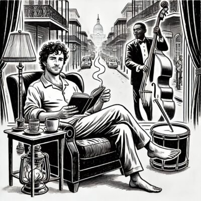 A man sitting on a chair in a street in New Orleans, reading a book while another man plays music behind him.