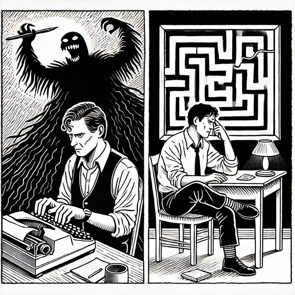 Two different scenes. The first is a man at a typewriter with a monster behind him and the second is a man at a desk with a maze behind him.