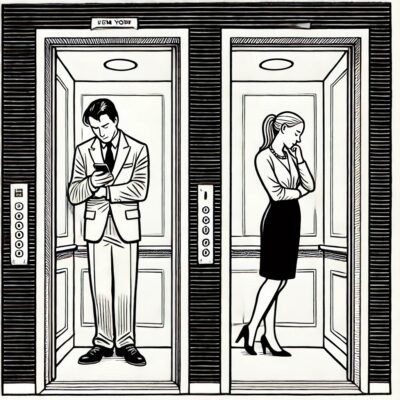 A Man and a woman in an elevator, not speaking.