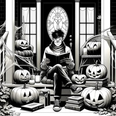 A young man sitting on a porch decorated with halloween stuff. He is reading a book.