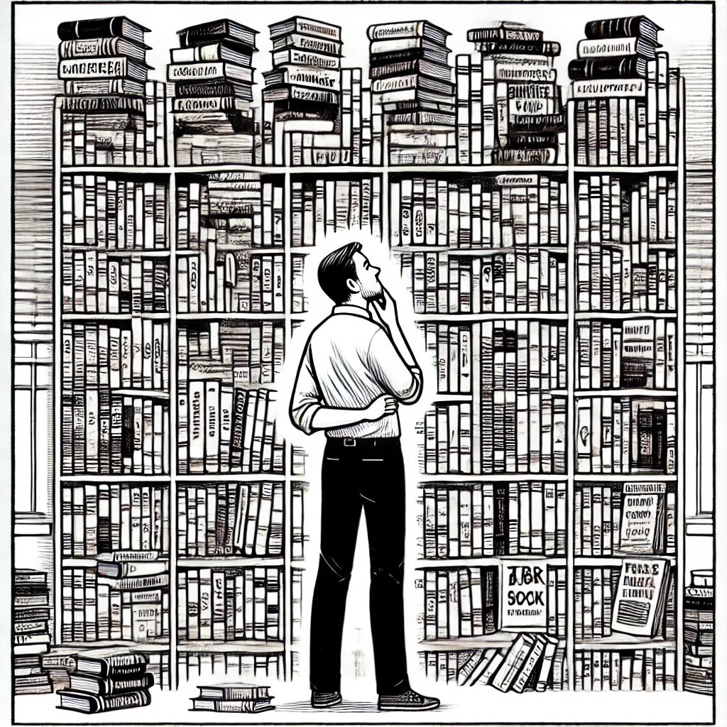 A man standing in front of a large bookshelf