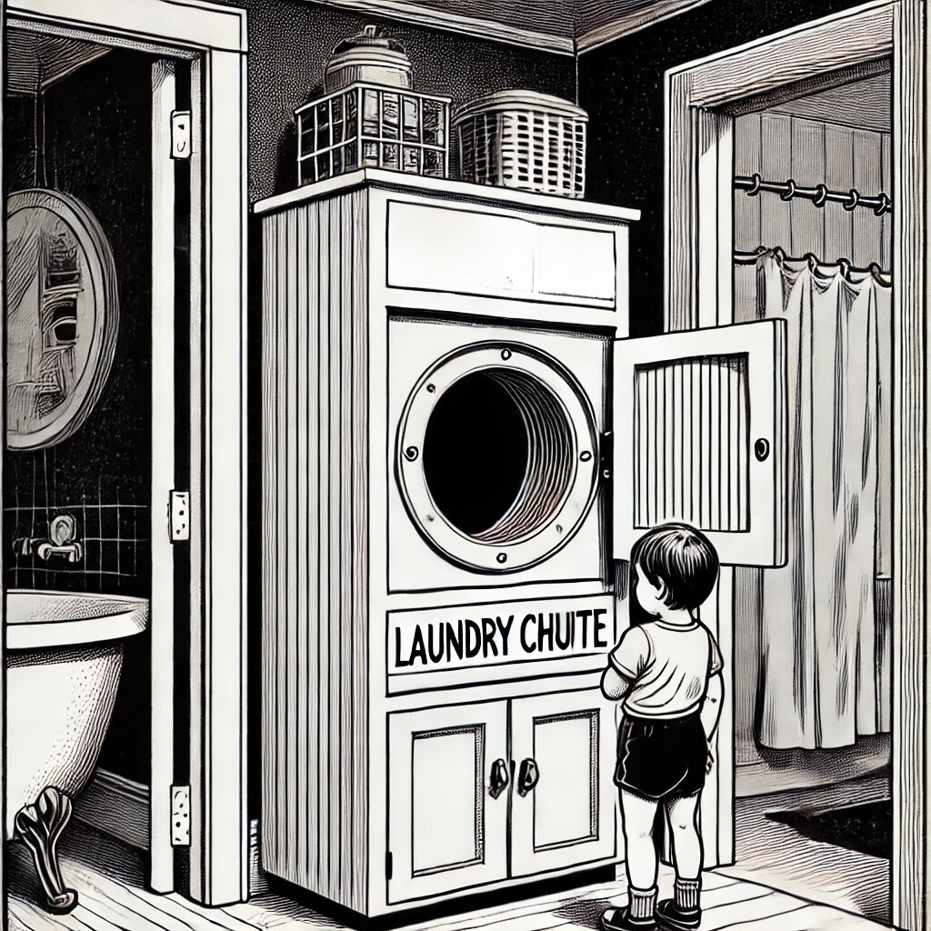 A boy looking into a laundry chute