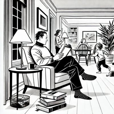 A man reading books at home as his kids play around him.