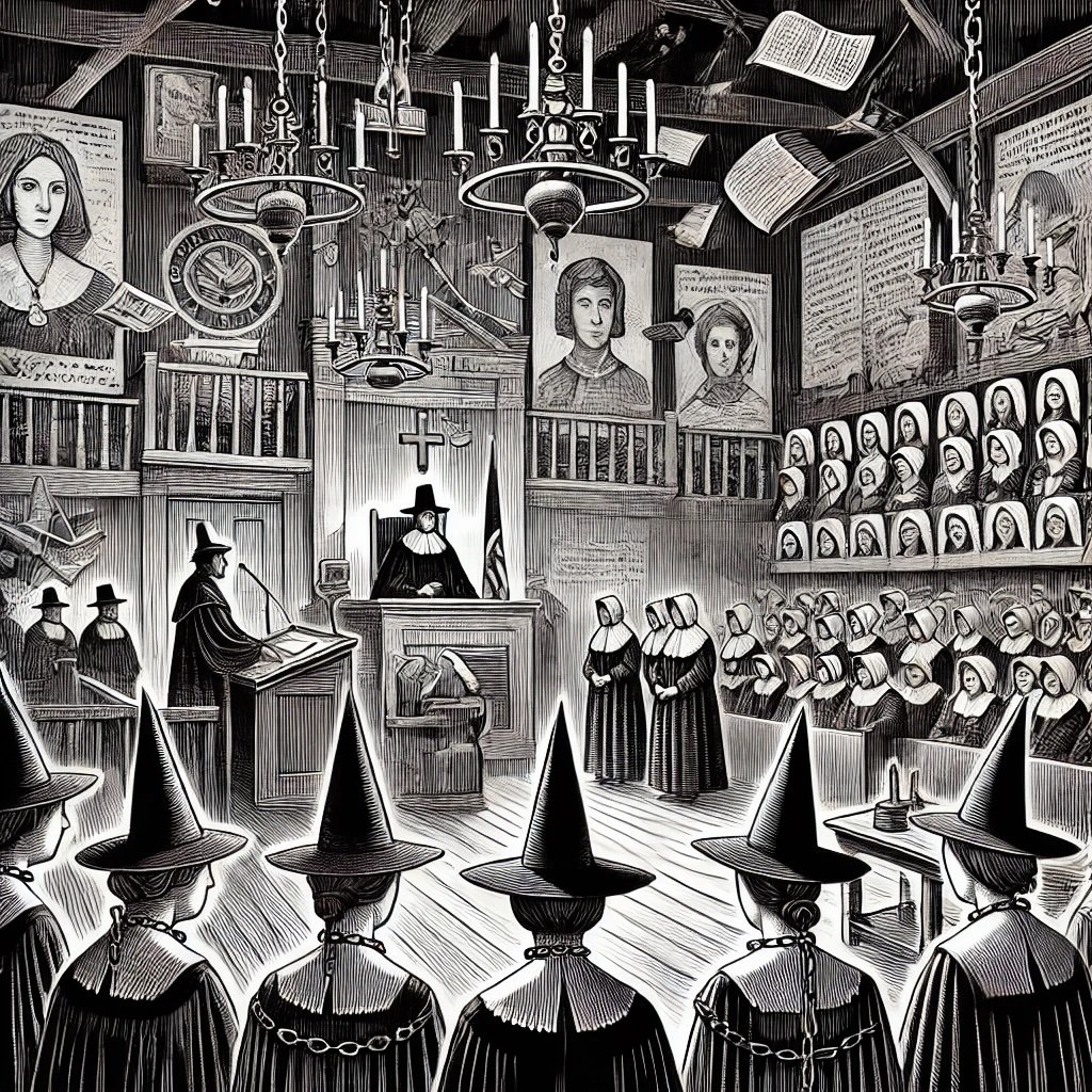 A black and white image representing the Salem witch trials.