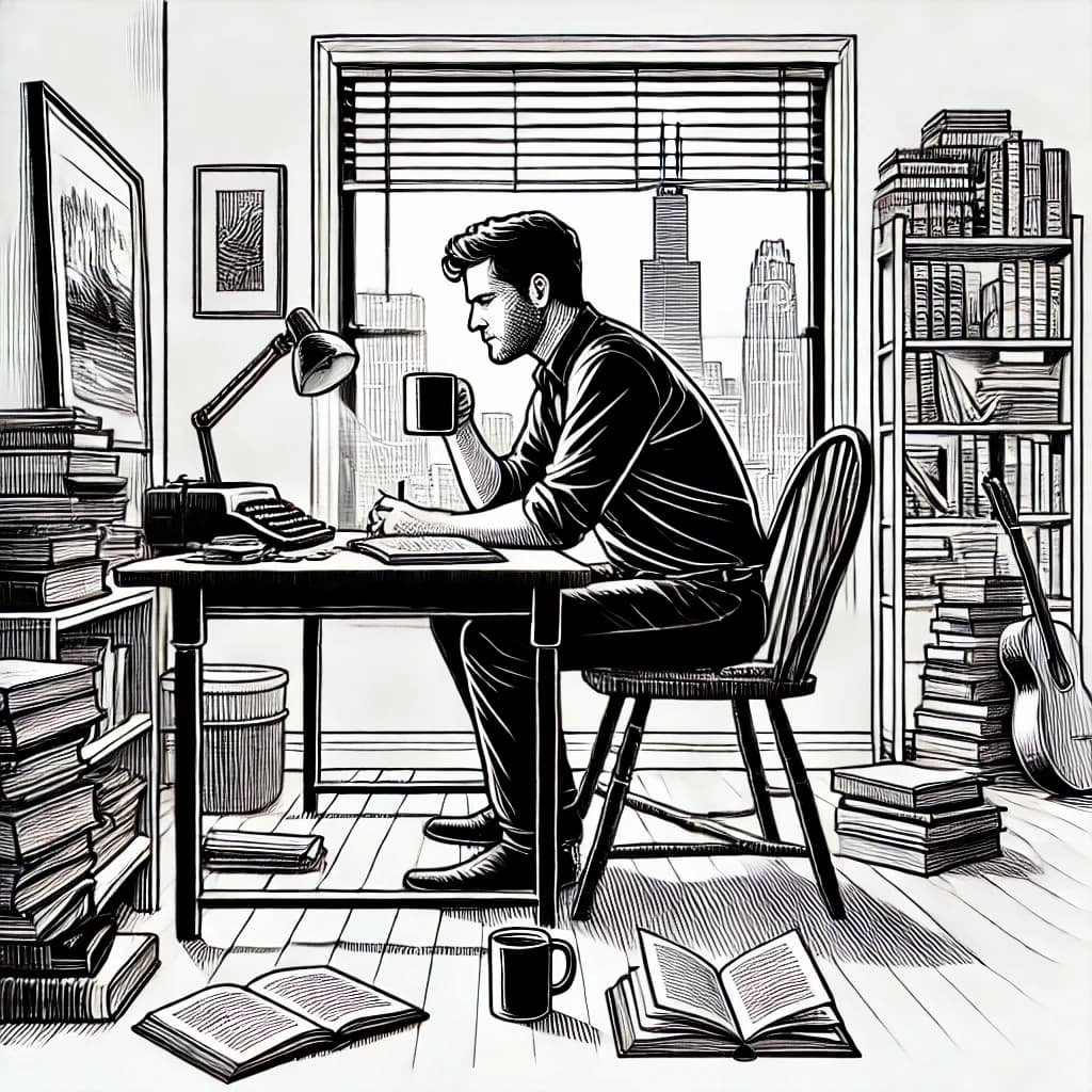 A man sitting at a desk, drinking coffee and reading.