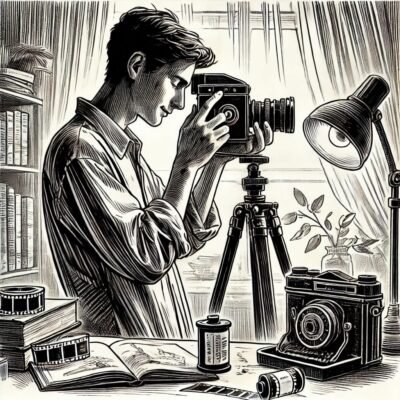 A young man using a film camera