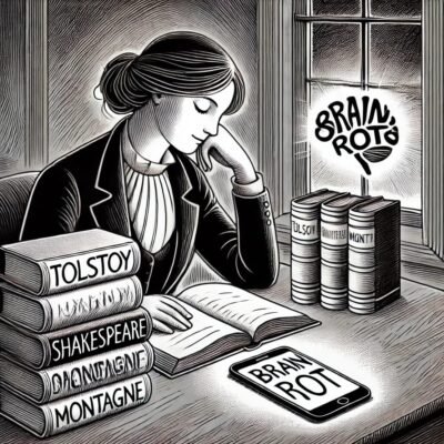 A black and white image of a woman at a desk reading books.