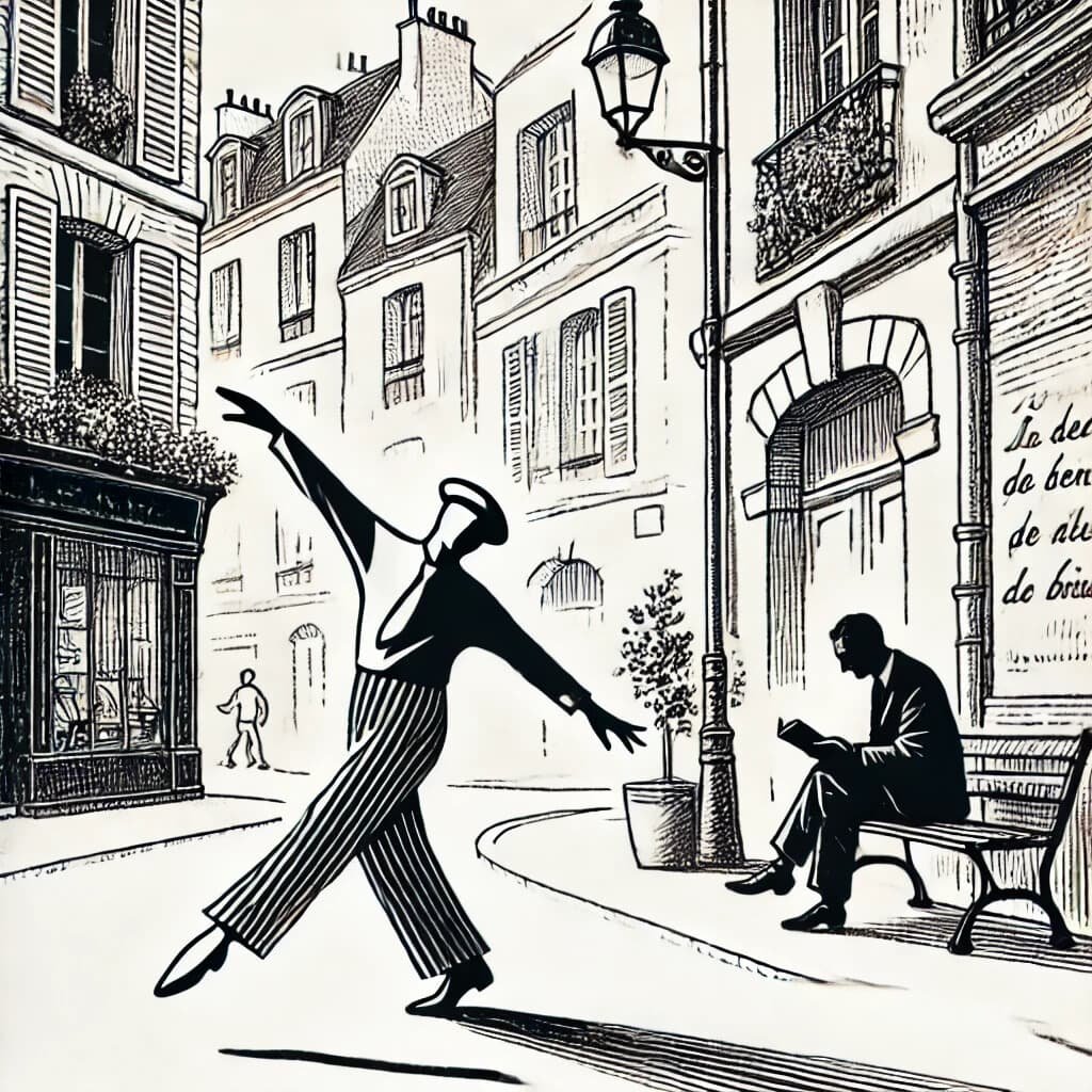 A cartoon image of a French person dancing in the street while a man in the background reads a book.