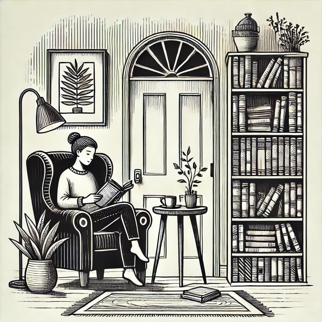 A woman sitting in a chair reading a book