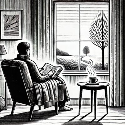 A black and white drawing of a man reading a book in an armchair.