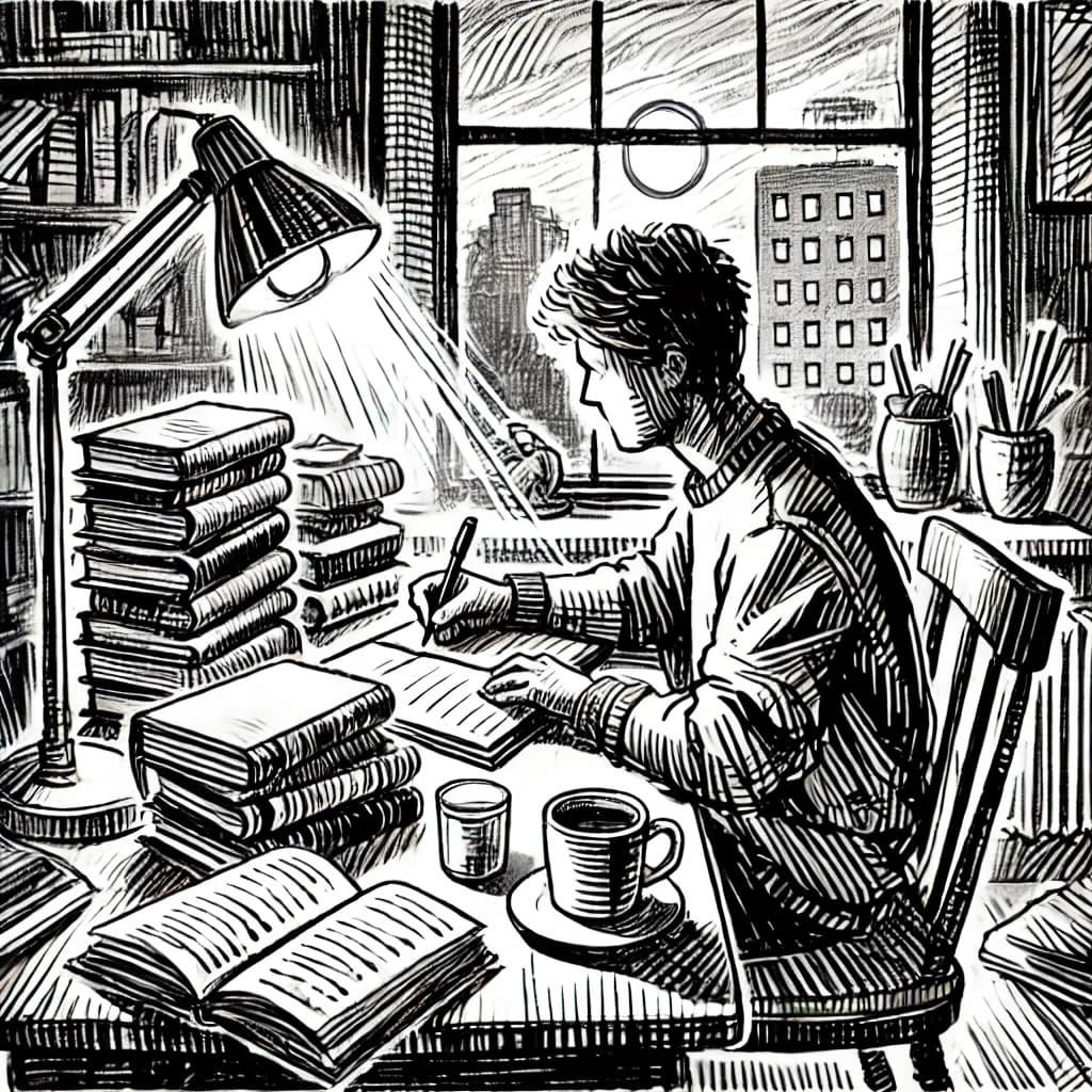 A young man at a desk taking notes and reading books.