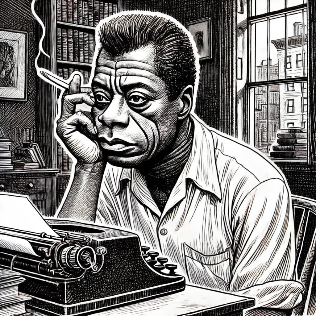 James Baldwin writing at his desk.