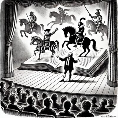 Shakespeare on stage with a book and imaginary characters