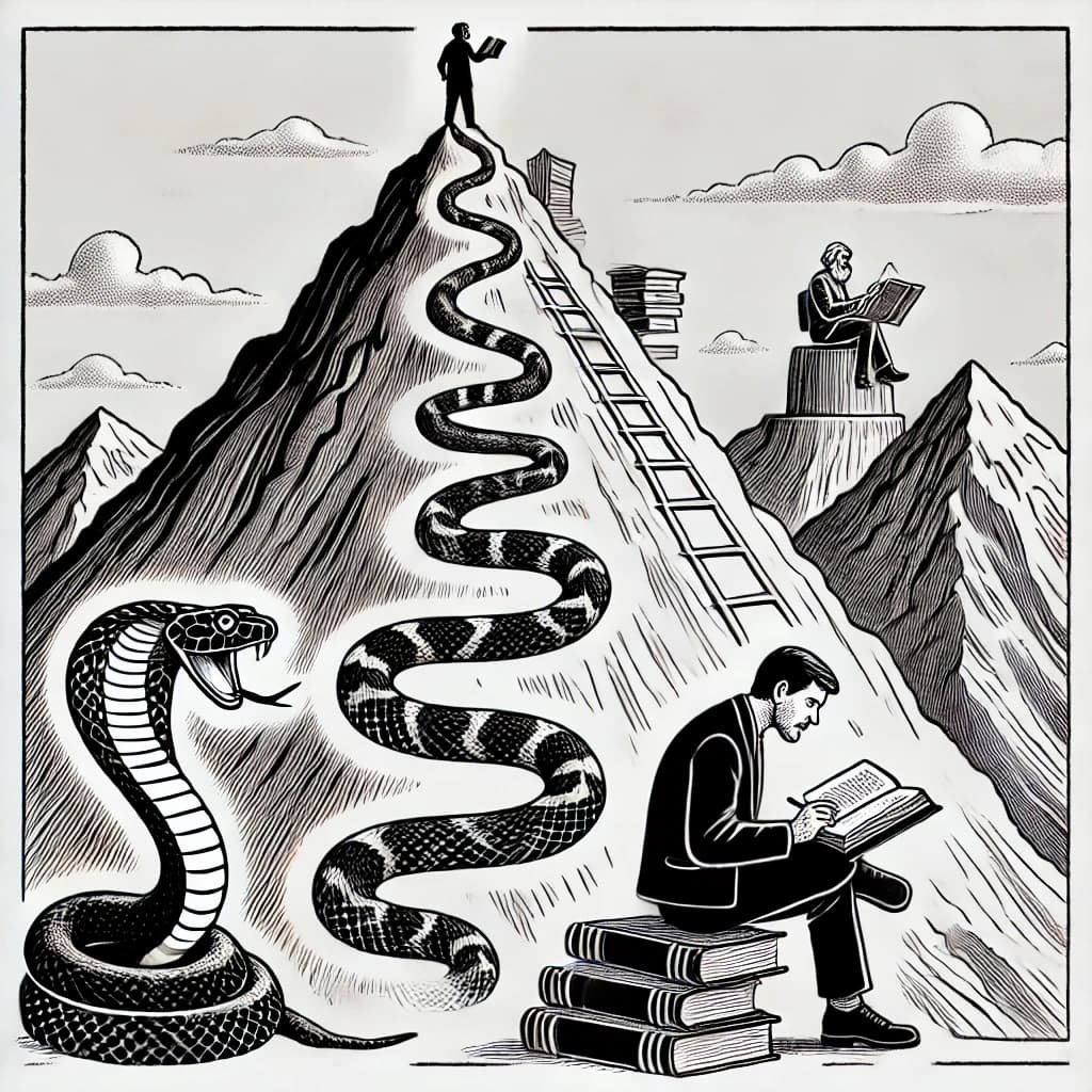 A man reading a book next to a snake at the base of a mountain.