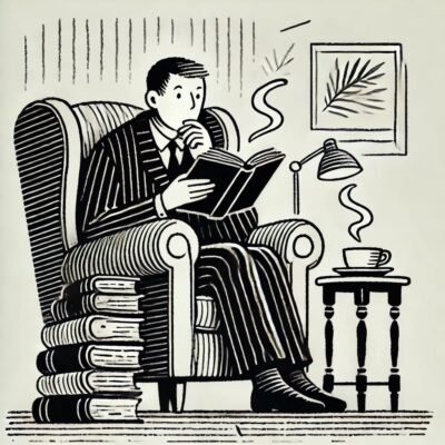 A man in a chair reading a book