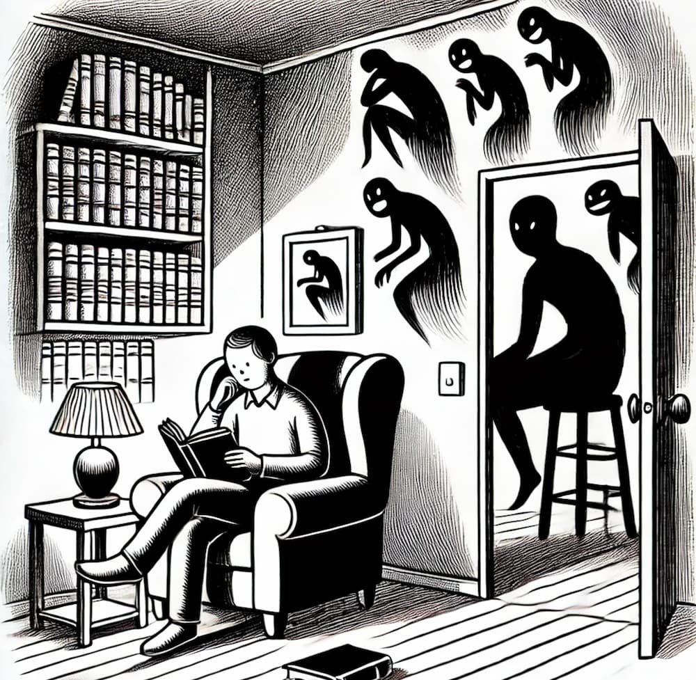 A man reading a book while dark shadows lurk behind him.