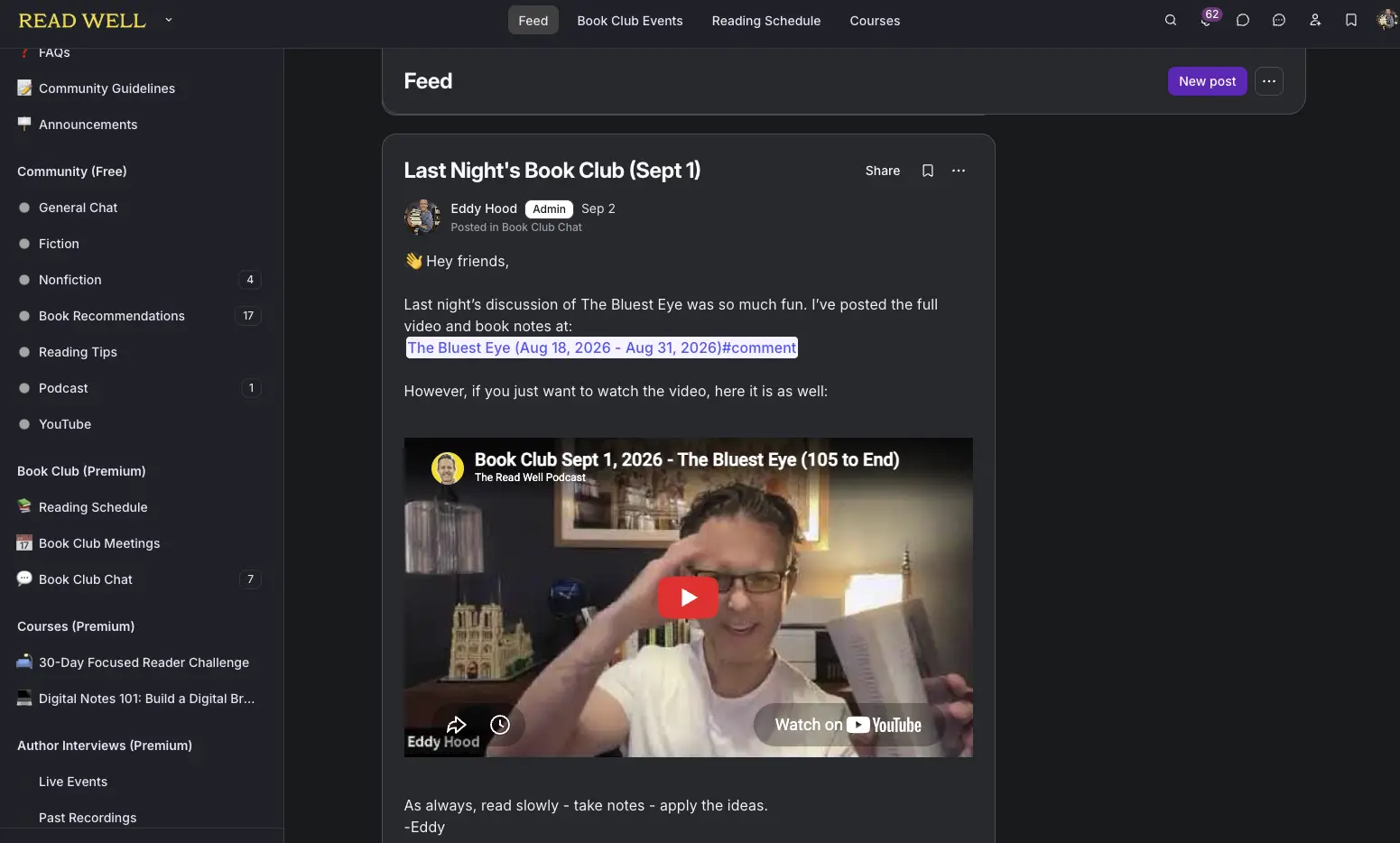 Read Well community feed showing a recent Book Club recording and notes