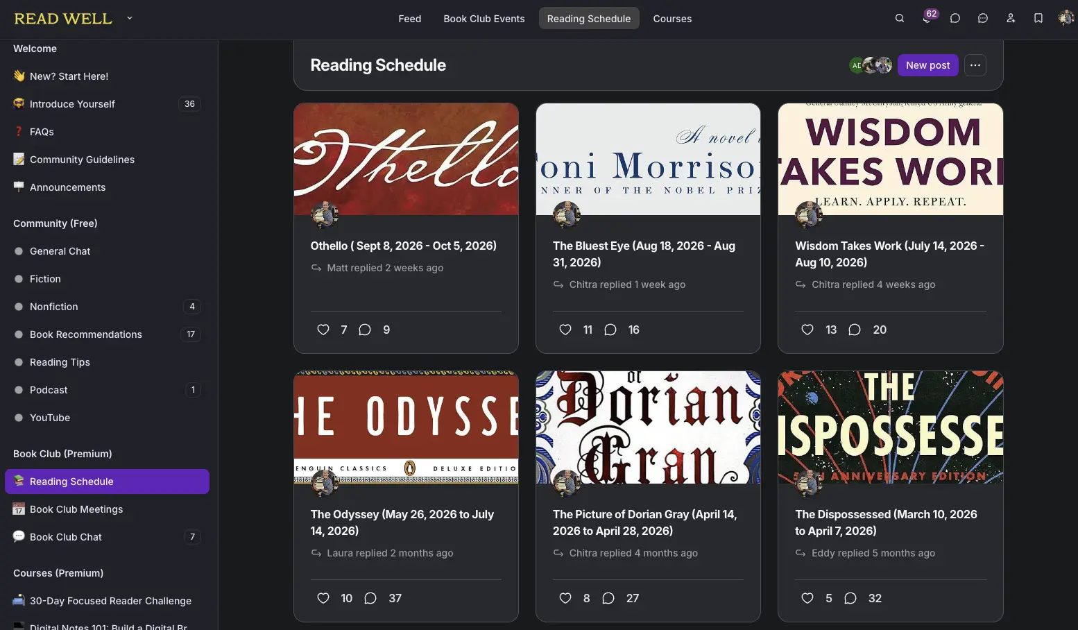 Read Well Book Club reading schedule showing books, comments and member engagement