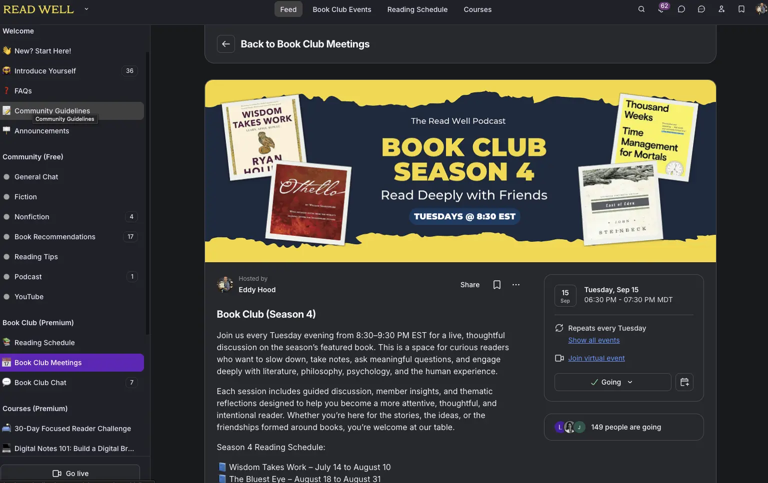 Read Well Book Club weekly meeting inside the member community